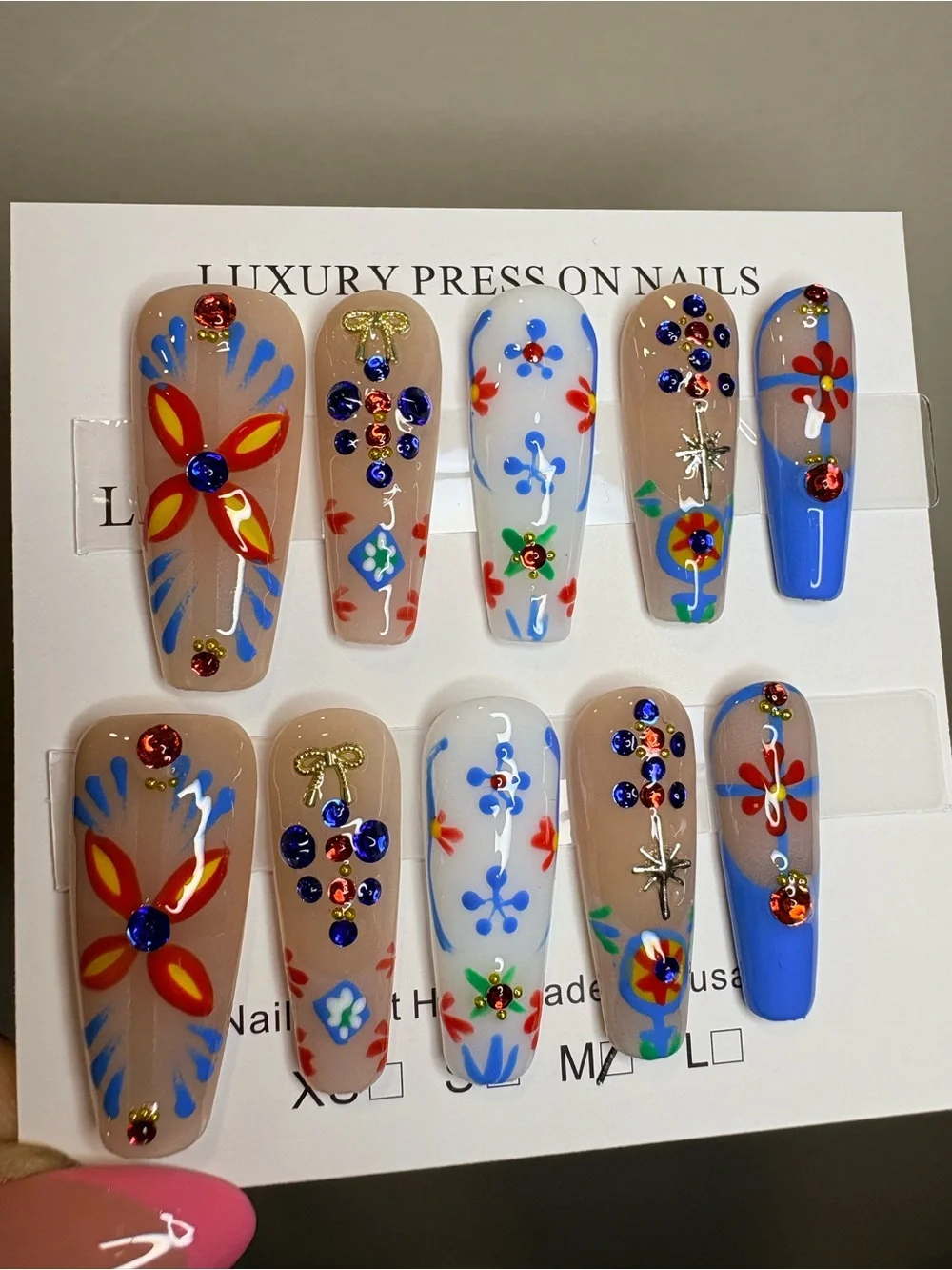 Hand-Painted Floral Press-On Nails - Multi Color